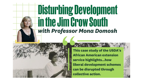 Poster with book title "Disturbing Development in the Jim Crow South" next to picture of Professor Domosh. Text underneath reads "This case study of the USDA's African American extension service highlights... how liberal development schemes can be disrupt