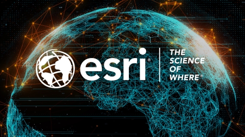 Image of a globe created by network linkages. Logo shows a small white globe with the words esri: the science of where.
