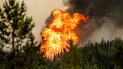 Image of wildfire in the middle of a forest, taken from above.