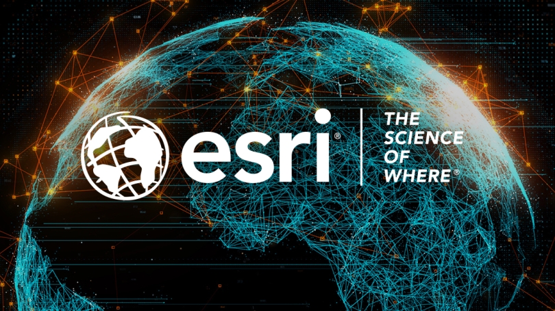 Image of a globe created by network linkages. Logo shows a small white globe with the words esri: the science of where.