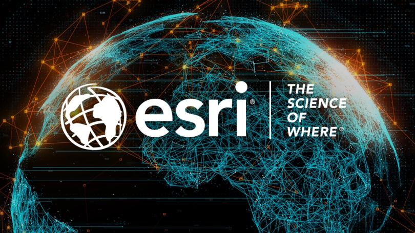Esri: Geographic Information System Software Development Image of a globe created by network linkages. Logo shows a small white globe with the words esri: the science of where.