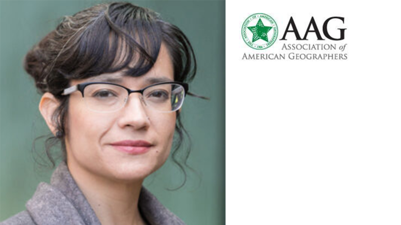 Image of Professor Tish Lopez's headshot with AAG logo